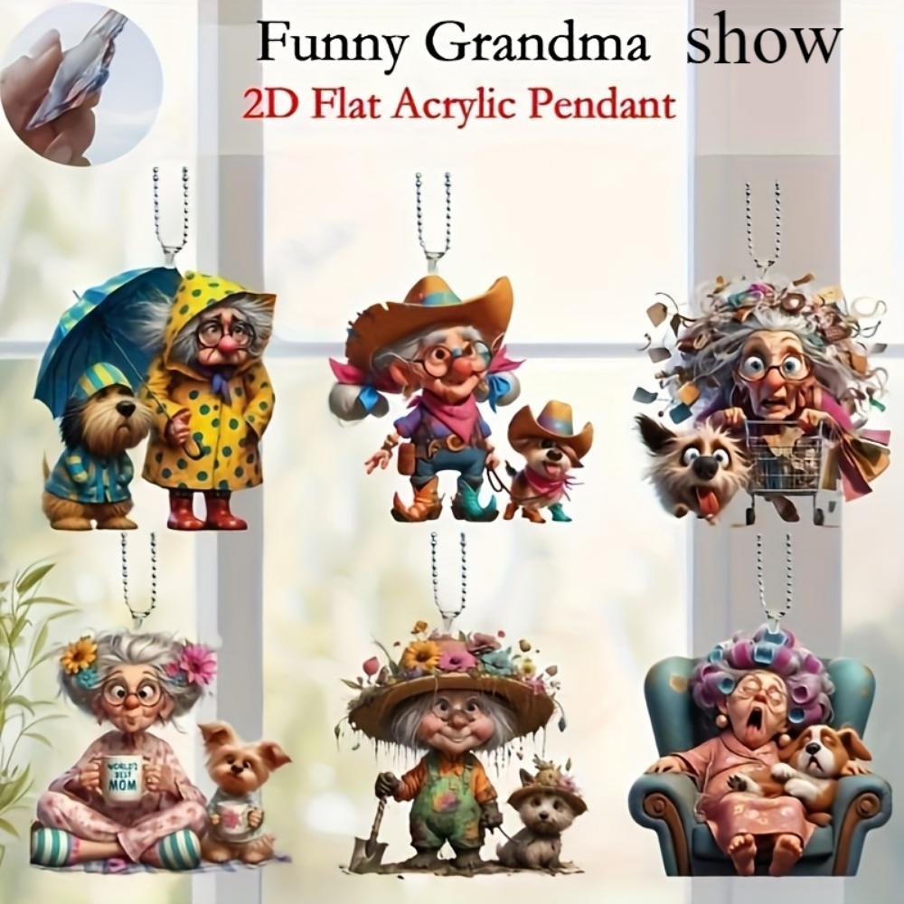 6PCS Acrylic Granny Pendants,Christmas Tree and Pendant Home Window Decor Holiday Souvenirs,  Christmas Tree Pendants Perfect for Car Mirror Pendants