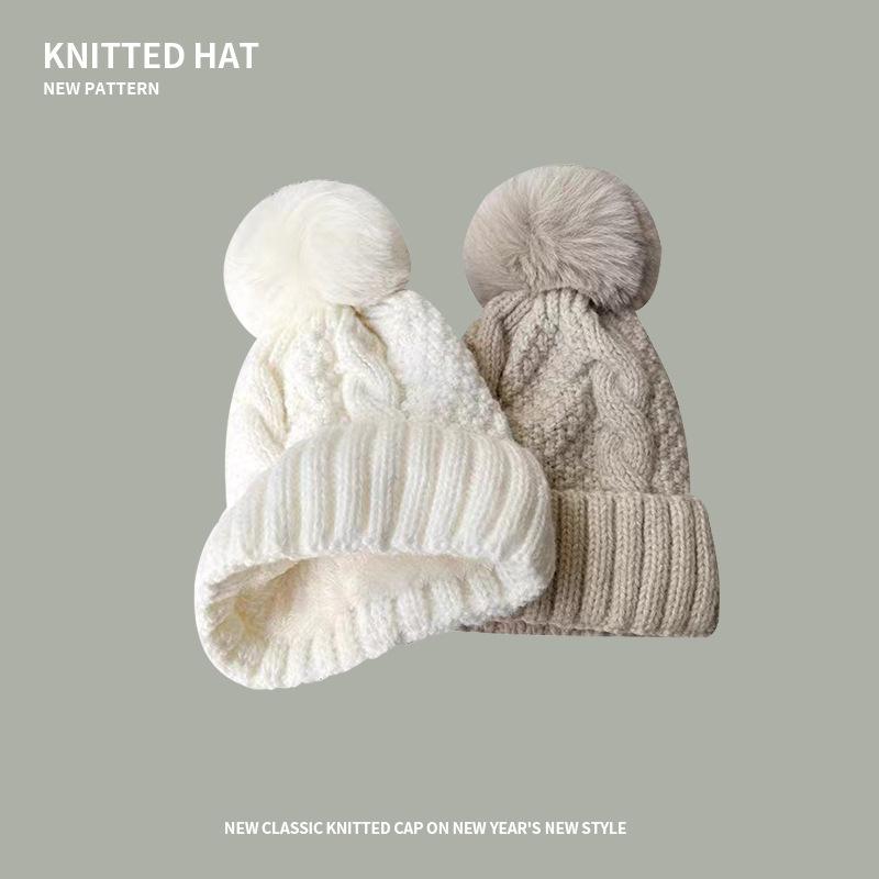Innen Samt Acryl Strickmützen Damen Herbst Winter Dick Warm Bommelmütze