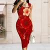 Women Plus Size Asymmetric Ring Strap Sleeveless Floral Printed White Bodycon Midi Dress