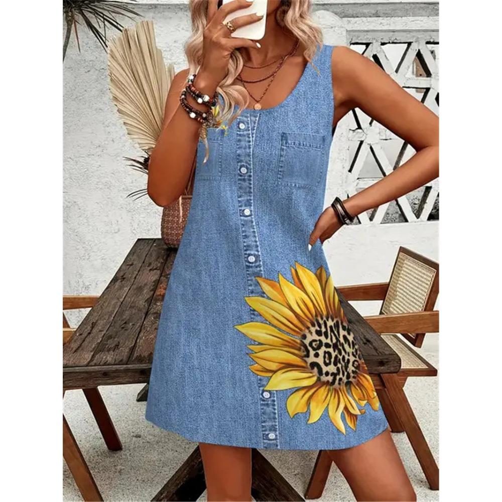 New Summer Cowboy Style Women Mini Dresses Sleeveless 3D Printed Street Fashion Ladies Dress 3XL Plus Size Loose Casual Dress
