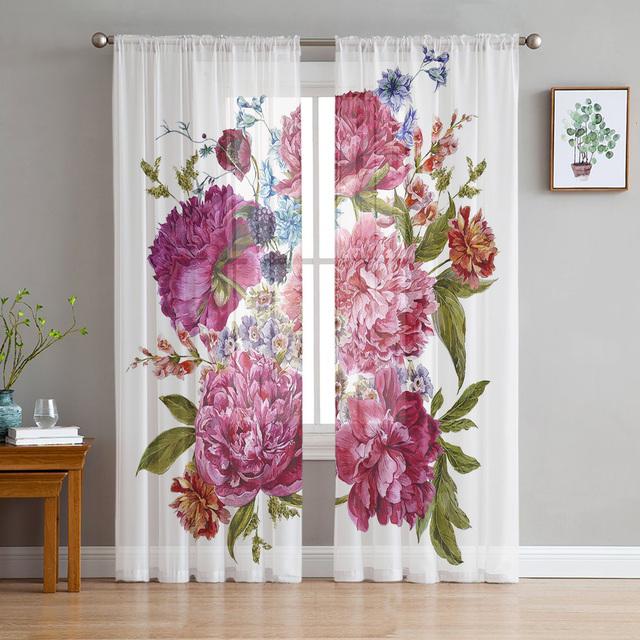 

Зеленое растение, красный гибискус, шифоновые тюлевые шторы для гостиной, кухни, спальни, 3d принт, прозрачная вуаль, занавеска для окон 1 PCS W100XH250cm