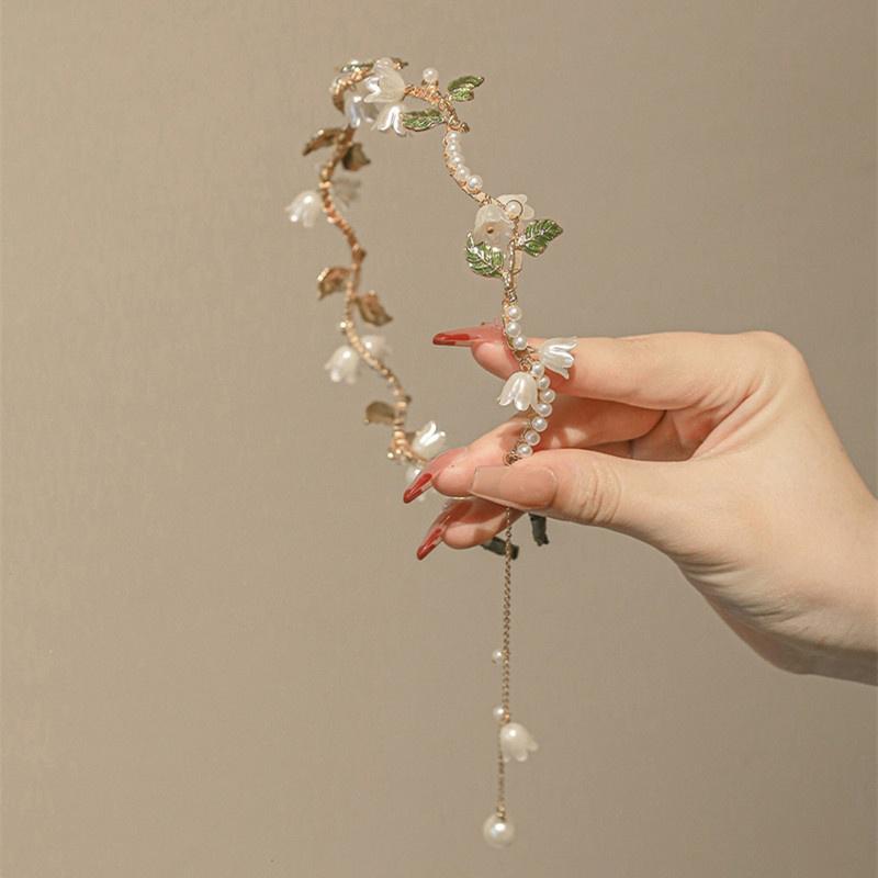 Korean Alloy Pearl Flower Headband Beads Tassel Wave Hair Band Woman Hair Accessories