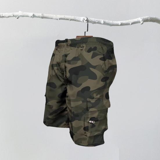 Men Cargo Shorts Drawstring Elastic Waist Multi Zipper Pockets Solid Color Loose Soft Breathable Camouflage Print Knee Length Daily Sports Shorts
