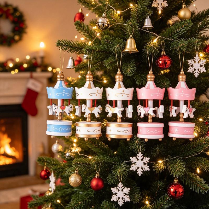 Wooden Mini Carousel Christmas Tree Ornaments Perfect For Holiday Home Decor Xmas Party Gifts