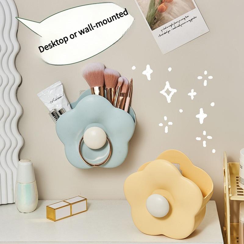 1PC Flower Makeup Brush Storage Box Wall Hanging Home Bathroom Vanity Table Top Comb Toothbrush Cute Cartoon Storage Box