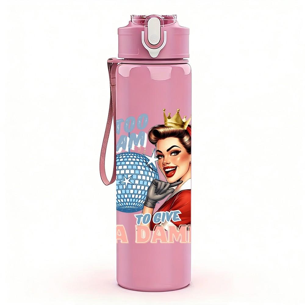 1PC Vintage Housewife Text Art Pattern 750ml Color Plastic Sports Water Bottle Leakproof Flip Straw Lid Suitable for Sports Office Home Use