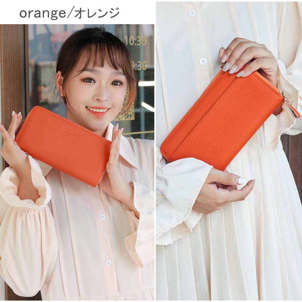 Doodeka Genuine Leather Garcon Long Wallet with Skimming Large Cowhide Leather Women's Prevention, Capacity, (Orange)