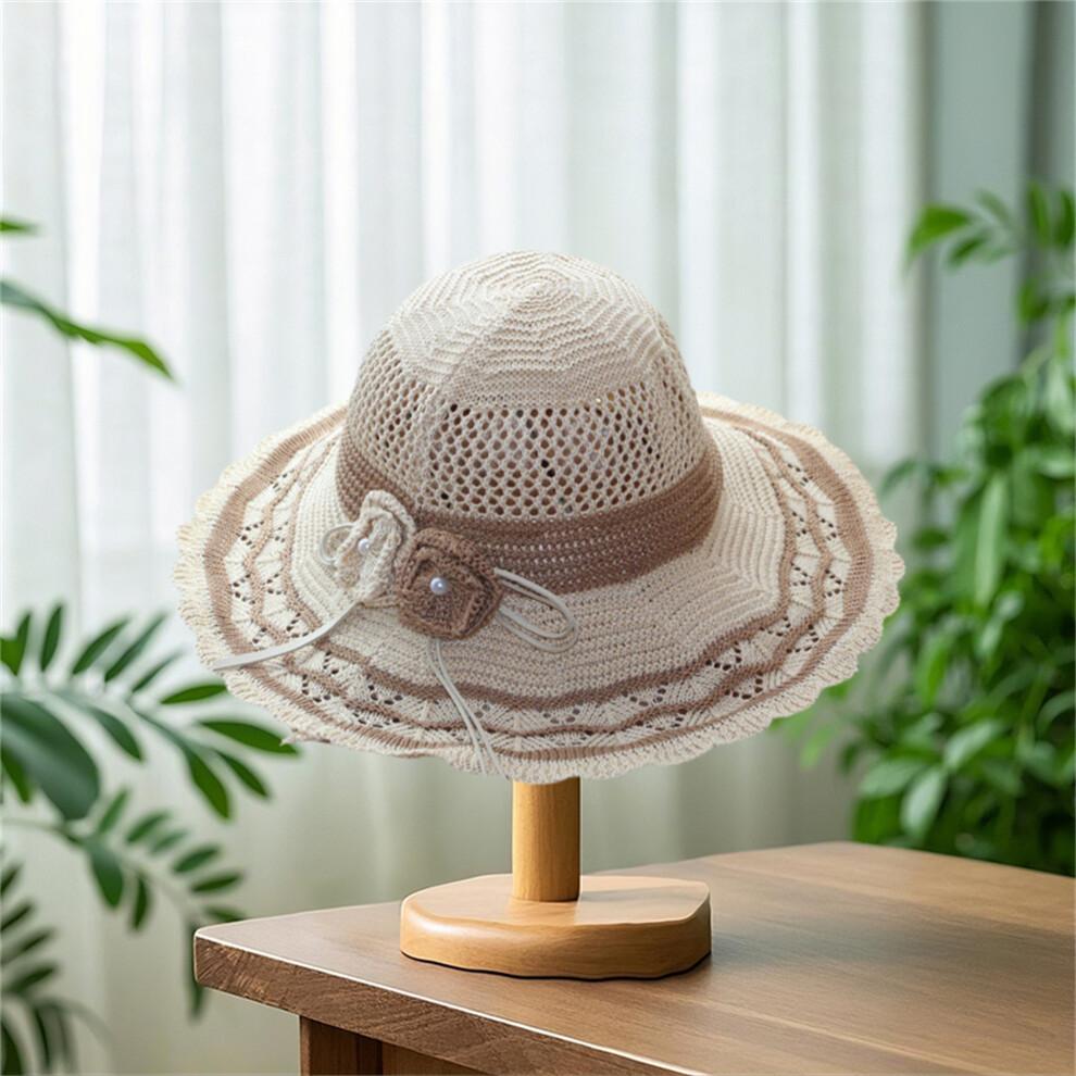 (One Size, White) Women Summer Knit Sun Hat Breathable Crochet Flower Wide Brim Sun Protection Fisherman Cap