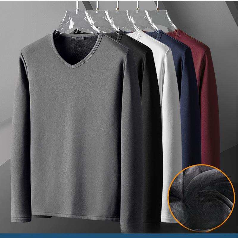 Men's Slim Solid Color O-Neck Shirt Epligg Long-sleeved Winter Thermal Underwear Plus Velvet Padded T-shirt  Bottoming Shirt