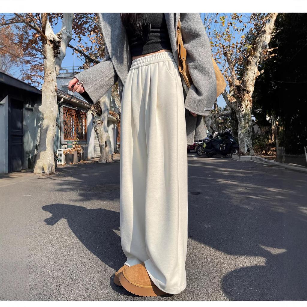 Women's Wide-Leg Glutinous Rice Pants - 2026 New Spring/Fall/Winter Plus Velvet Drape Wool Silk Blend Sweatpants
