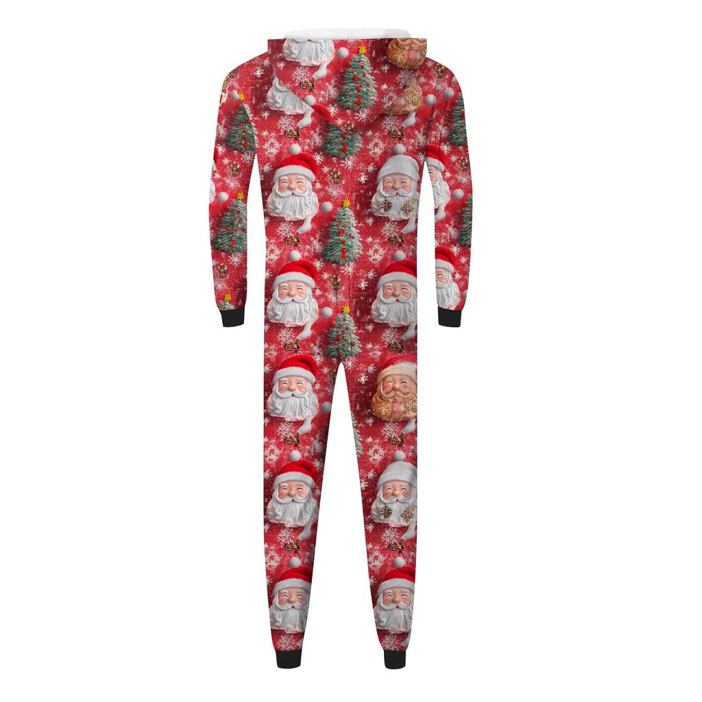 Christmas Print Parent-Child Outfit Hooded Zipper One-Piece Fashionable Home Suit Set