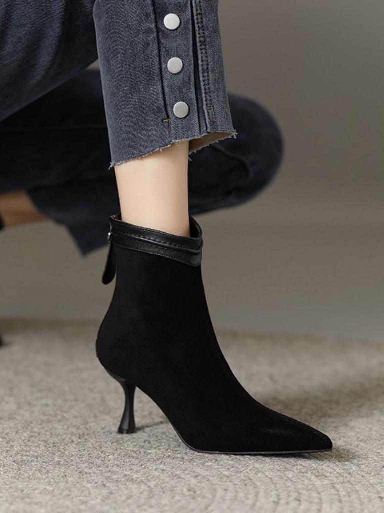 Brown elegant back zipper temperament fashionable versatile short boots women's retro matte suede pointed stiletto high heels women's