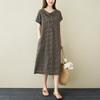 Real Shot Summer New Literary Loose Cotton and Linen Plaid Short-sleeved Dress Women's Shirt Skirt