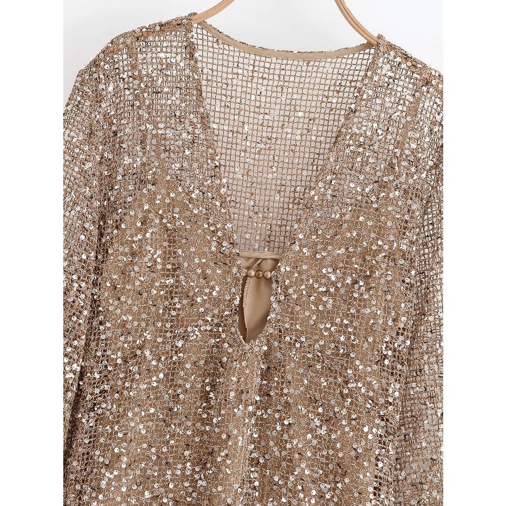 LYRIA Sexy Sequined Long Pleated Dress Women Deep V-neck Full Sleeve See Through Dresses Summer Lady Party Evening Dresses