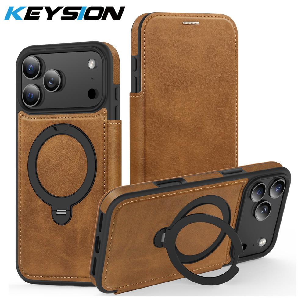 KEYSION Leather Flip Wallet Case for iPhone 15 16 17 Pro Max Air 16Plus 16e Cards Slots Magnetic 360 Ring Stand Phone Back Cover