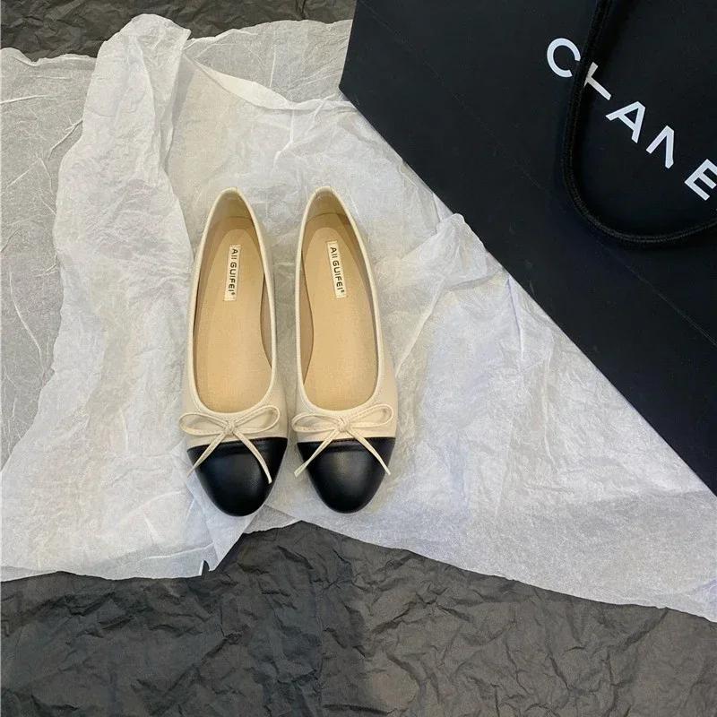 Fashion Women Leather Flat Shoes Fashionable Round Toe Casual Ballerina Bow Ballet Shoes Soft Moccasin Black with Beige  Lolita Shoes