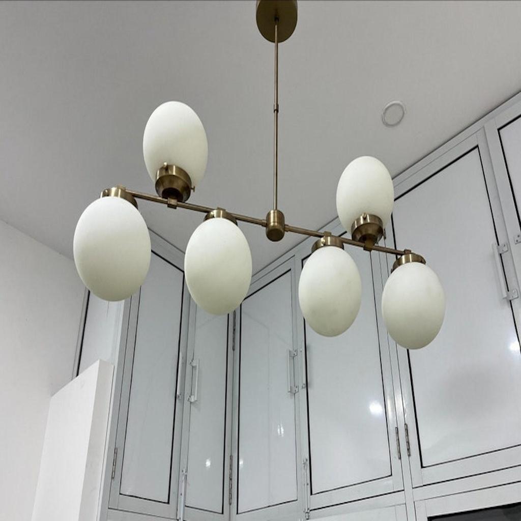 Modern 6 Light Mid Century Home Drawing Room Lobby & Dinning Table Lights Home Décor Frosted Glass Globe Linear Chandeliers