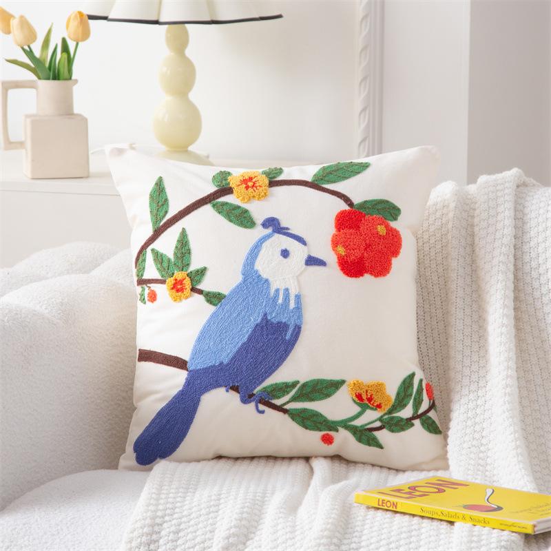 Cotton Canvas 3D Effect Birds Embroidery Throw Pillow Cover Decorative Cushion Cover For Sofa Office Home Room Decoration