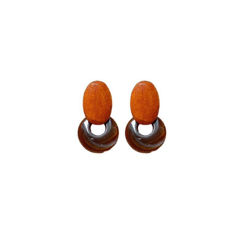 Silver Needle Resin Oval Wood Chip Ring Earrings Retro Simple Fashion Stud Earrings Premium Versatile Earrings Women