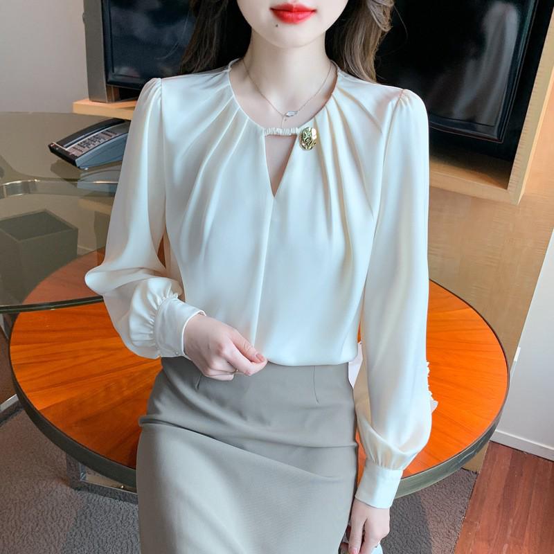 2026 Spring/Autumn Women's Stylish Long Sleeve Chiffon Top - Loose, Slimming, and Belly-Hiding Shirt