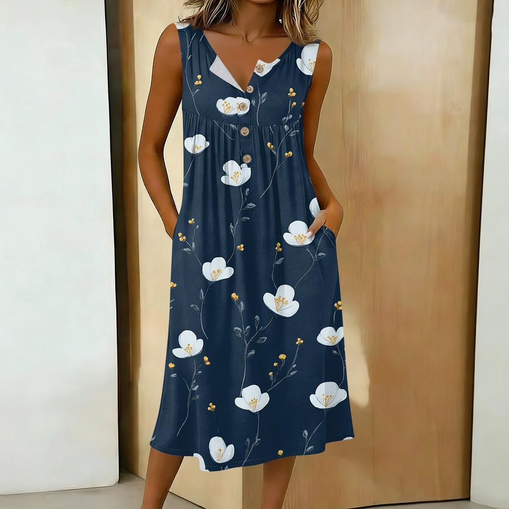 Women's Casual Sleeveless Button-down Mid-length Dress