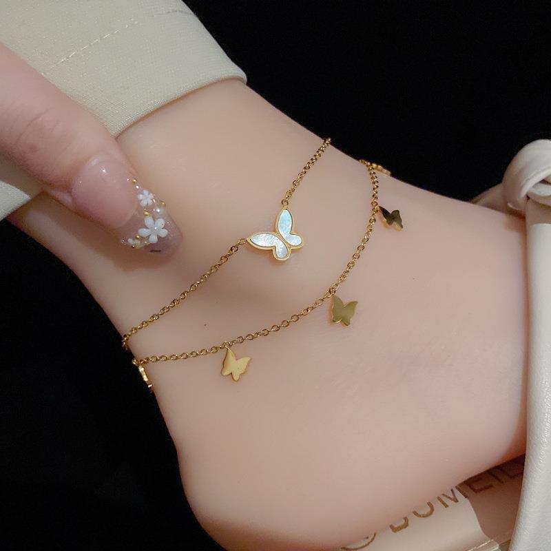 Trendy Double Layer Titanium Steel Love Heart Anklet Gold Versatile Foot Jewelry Set