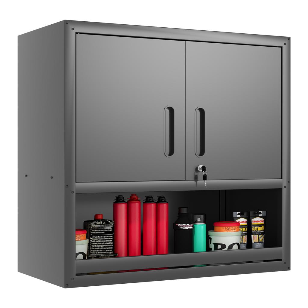 H77cm Wall-Mountable Metal Tool Cabinet with Lockable Door, 1 Adjustable Shelf and 1 Open Drawer - Garage, Storage, Office (Assembly Required)