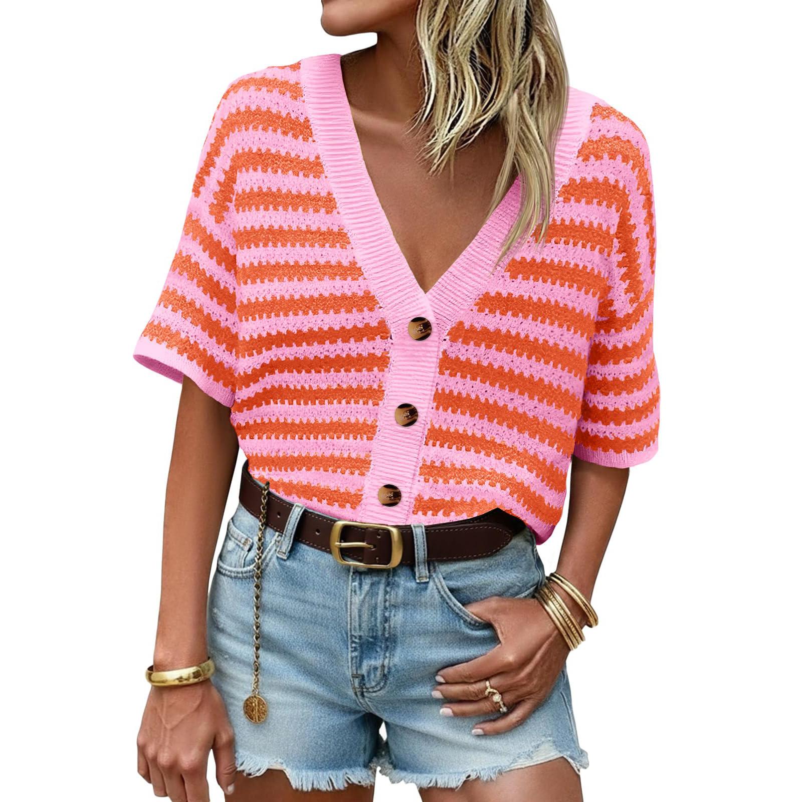 

Womens Spring Tops Striped Button Down V Neck Knit Blouse Summer Shirts for Women Casual Short Sleeve Pullover Womens Summer Shirts S оранжевый