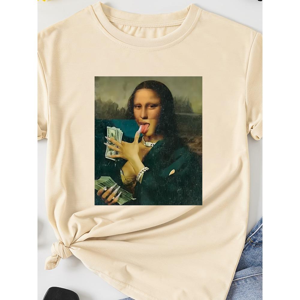 

Women Cotton Short Sleeves T-shirts Mona Lisa Cash Parody Women s Tee Funny Art Graphic Casual Black Top 3XL