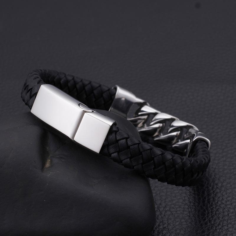 KALEN Braided Leather Stainless Steel Spring Clasp Charm Bracelet for Men