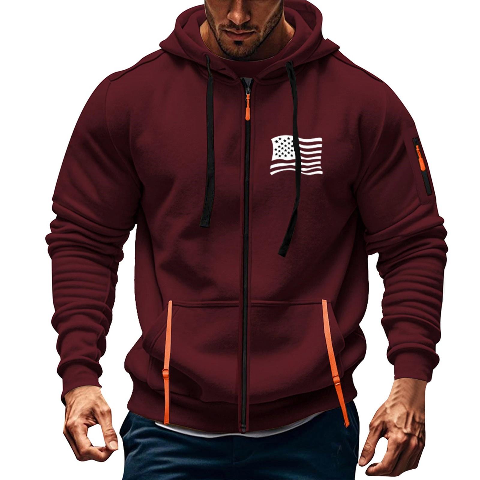 

Чоловіча спортивна повсякденна толстовка, толстовка з капюшоном, кардиган, толстовка з кількома кишенями на блискавці, пальто XXXL винний