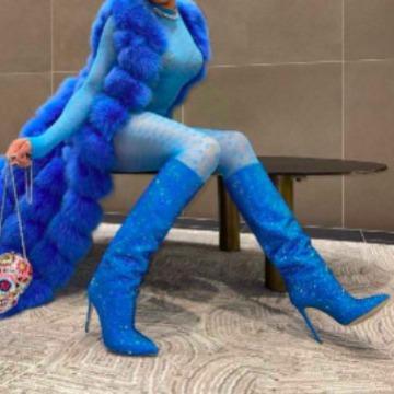 Nuovi Stivali Alti Fino Al Ginocchio Stiletto a Punta Acuta con Punti Stellati Baby'S Breath Europei e Americani, Stivali da Sfilata da Donna Taglie Forti