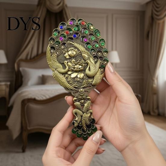 Vintage Peacock Hair Comb Mirror Set, Embossed & Handheld Rhinestone Makeup Mirror, Hand with for Women Retro Carved