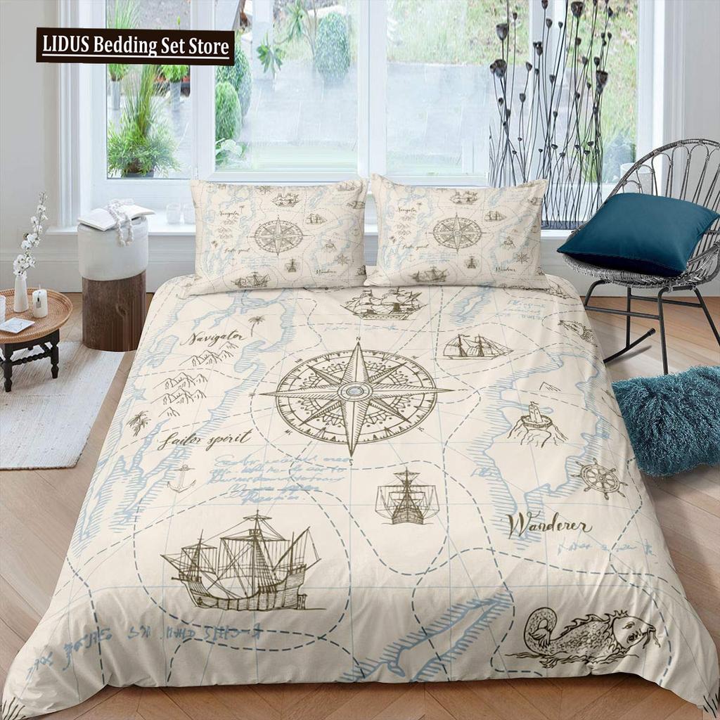 Nautical Duvet Cover Set Boat Pirate Bedding Set King Size Retro Sailboat Brown Comforter Cover Anchor Compass Vintage Quilt Set