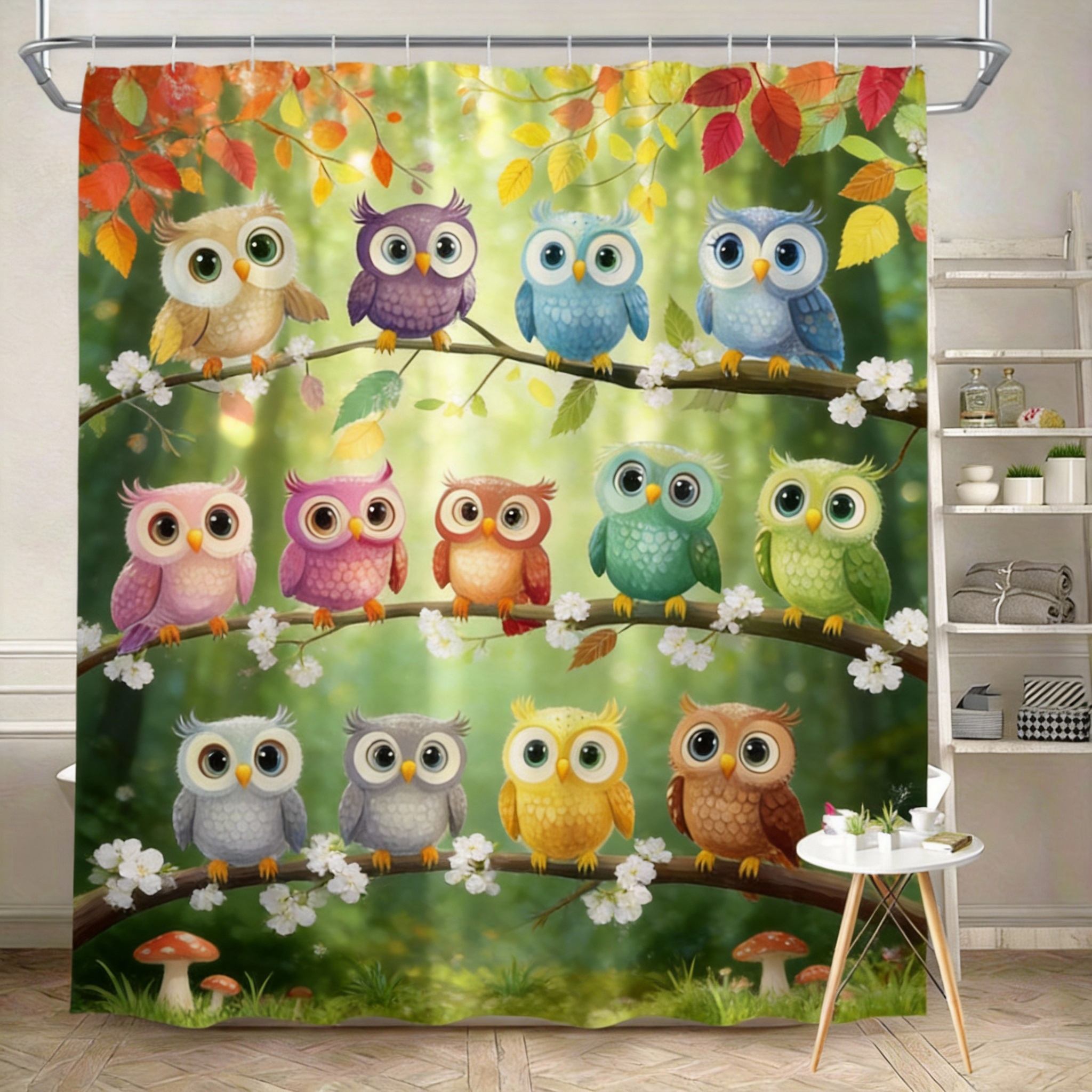 

Whimsical Owl Shower Curtain 180x180cm – Expressive Eyes & Pastel Gradient Background, Autumn Bathroom Decor, 12 Hooks 90X180cm(35x70in)