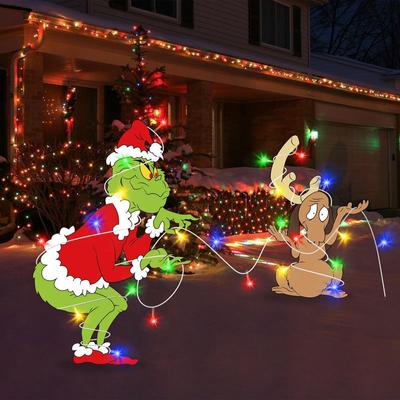 Décorations de Noël extérieures à LED Grinches Décorations de cour de clôture Lumières LED 3M Panneaux de jardin à piles pour jardin de vacances de Noël