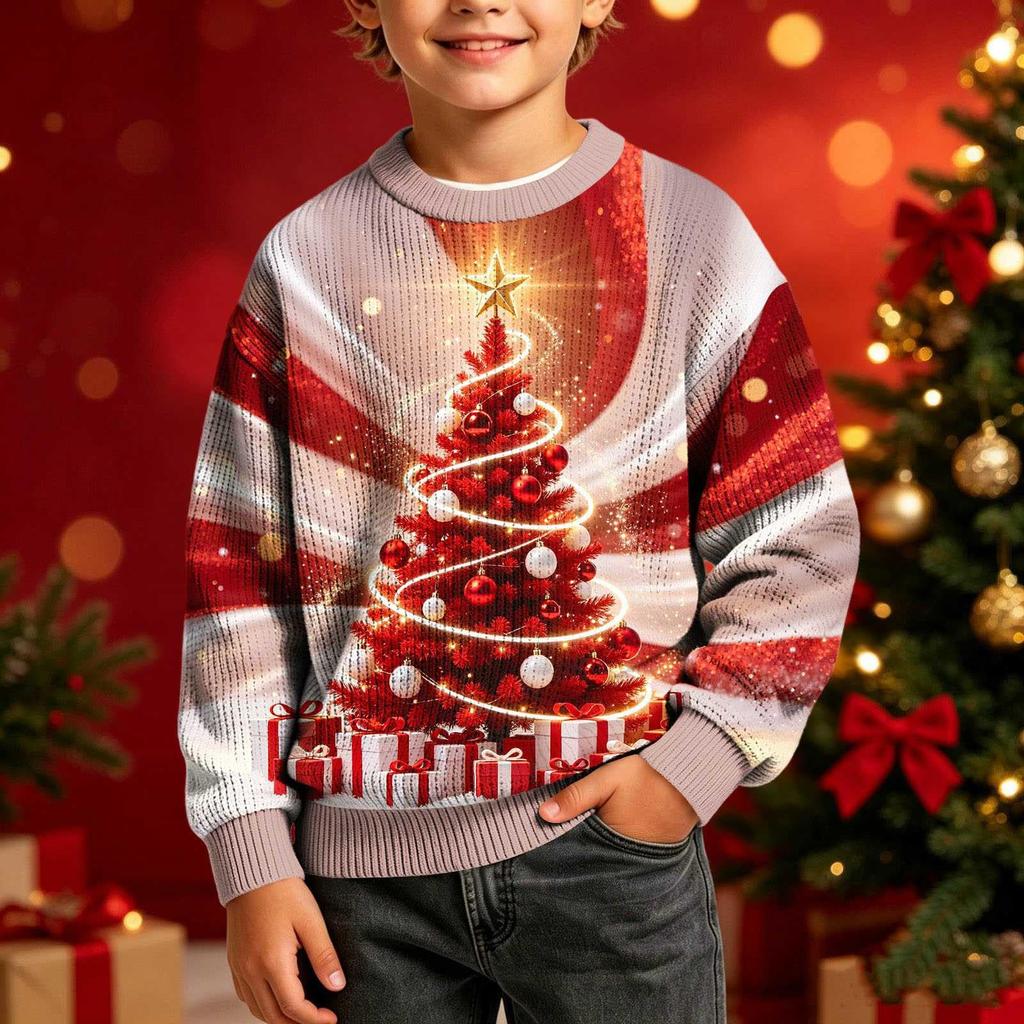 Boys Girls Christmas Print Crewneck Pullover Sweatshirt Casual Comfortable Athletic Top for Holiday