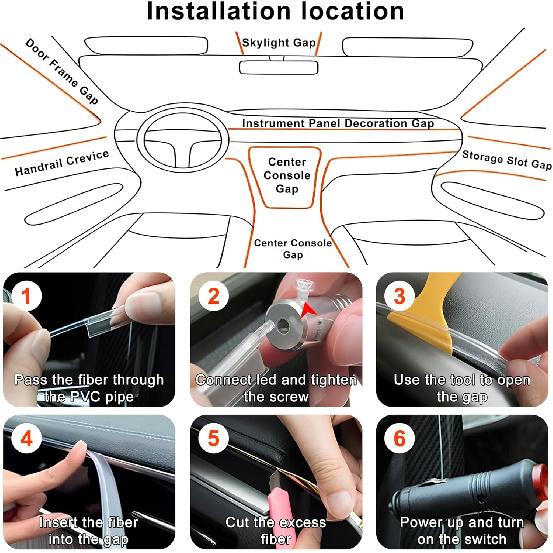 Interior Car LED Lights Wireless APP Control 5 In 1 RGB Ambient Lighting Kit With 236" Fiber Optic, 16 Million Colors Music Sync Waterproof LED Strip