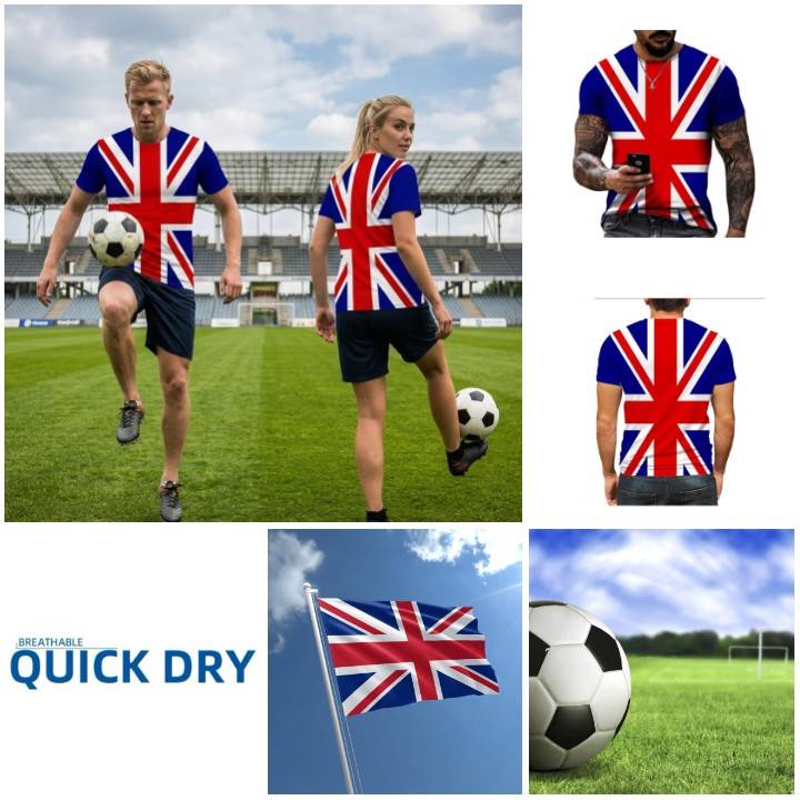 T-shirt JERSEY Football Soccer United Kingdom England UK 3D Print Flag National CHEER Short Sleeve Training Round Neck Sport Uniform Unisex Men Women