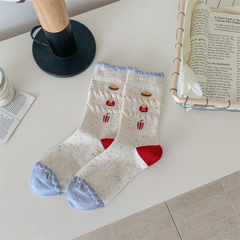 Sweet Plush Dog Student Mid-calf Socks for Girls Autumn and Winter School Style Cute Polka Dot Lace Pile Socks