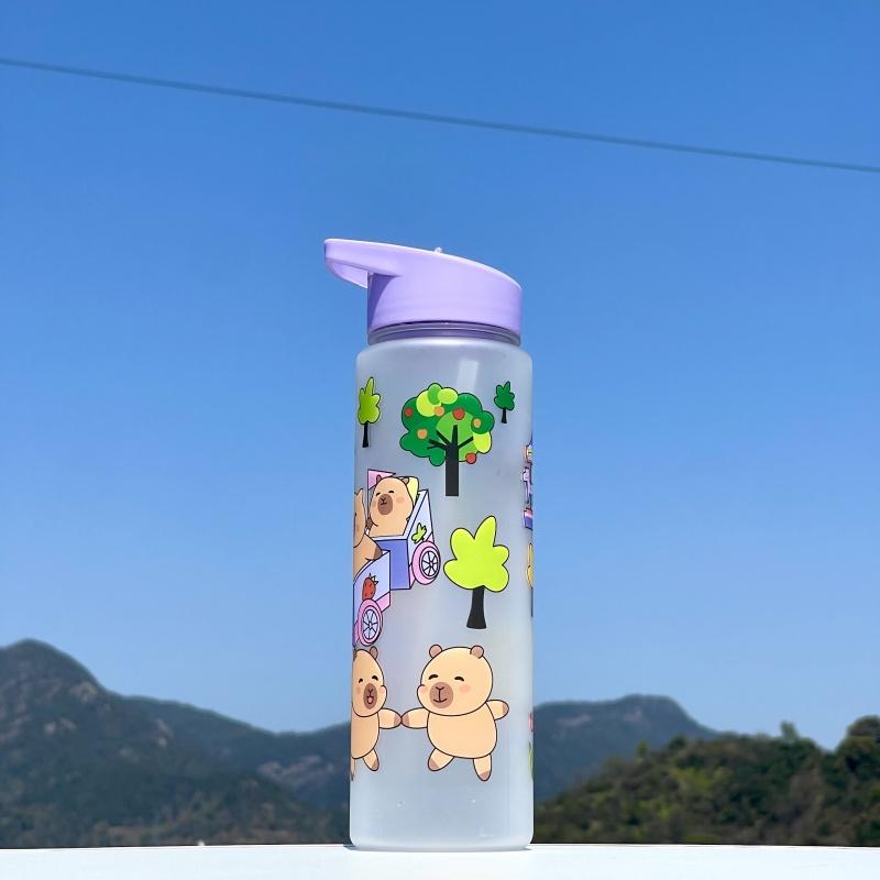 750ml Capybara Printed Water Bottle With Straw Sippy Cup Leakproof Plastic Water Bottles For Outdoor Sports Camping Drink Cup