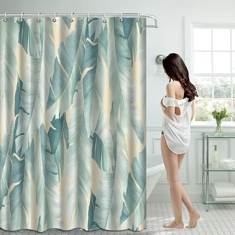 

1pc Tropical banana leaf patterned shower curtain, polyester fabric, machine washable, with hooks, suitable for bathroom décor. 90X180cm