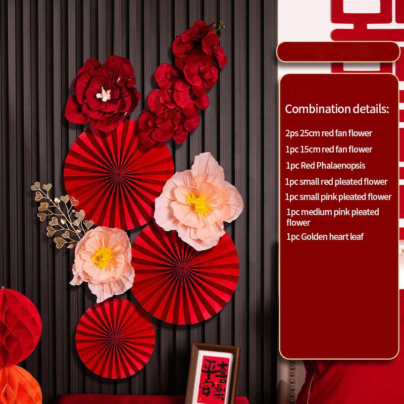 6PCS Red Hanging Paper Fan Chinese New Year Wedding Paper Fans Set Flower Paper Craft Background Wall Decor DIY Party Supplies