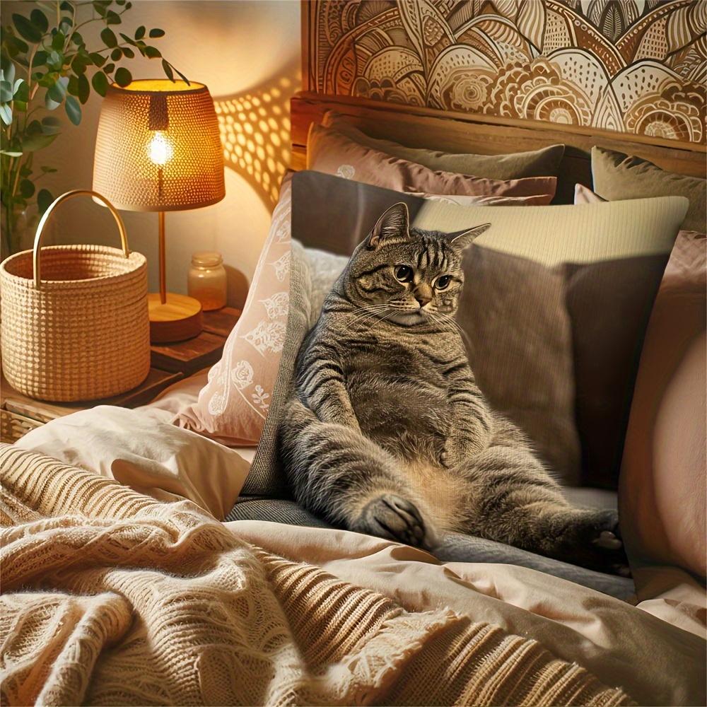 1Pc Large Fluffy Gray Tabby Cat Pillow Cover - Soft Polyester Cushion Case With Zipper Closure, Realistic Sitting Cat Design