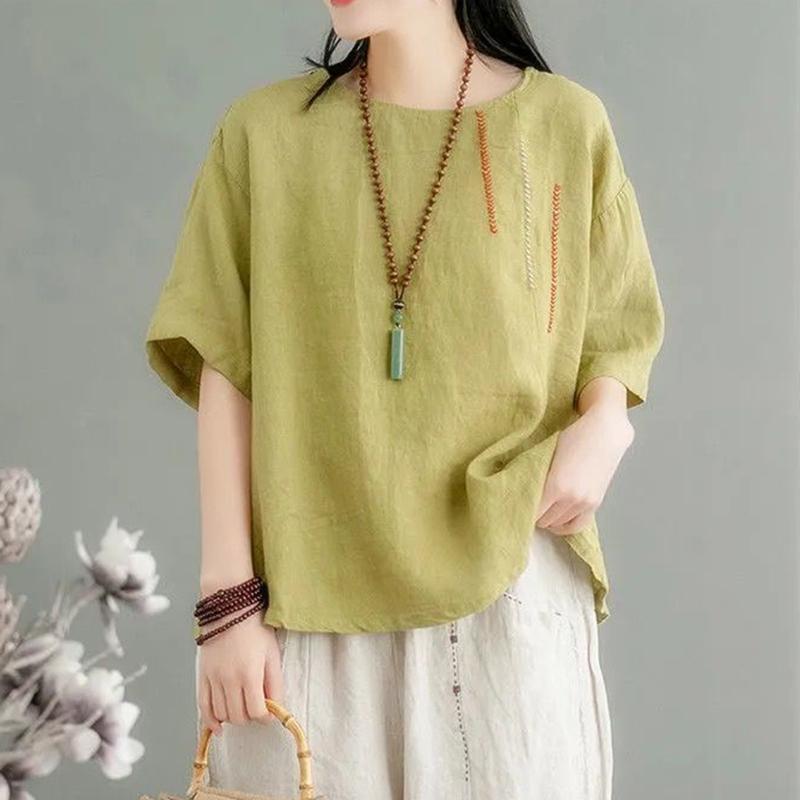 Plus Size M-3XL Women T-shirt Summer Short-sleeved Blouse O Neck Loose Fashion Vintage Embroidered National Style  Female Tops