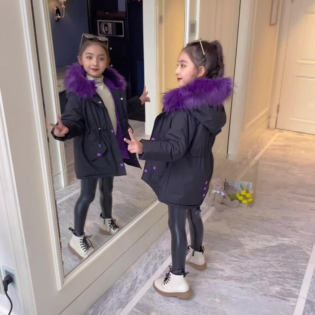 2023 Fashionable Korean Style Girls' Thickened Fleece-Lined Winter Parka Coat