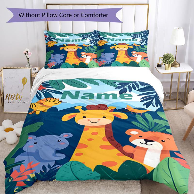 3pcs Custom Name Animals Bedding Set Duvet Cover Closure Includes 1 Duvet Cover & 2 Pillowcases, Soft and Comfortable for All Seasons.