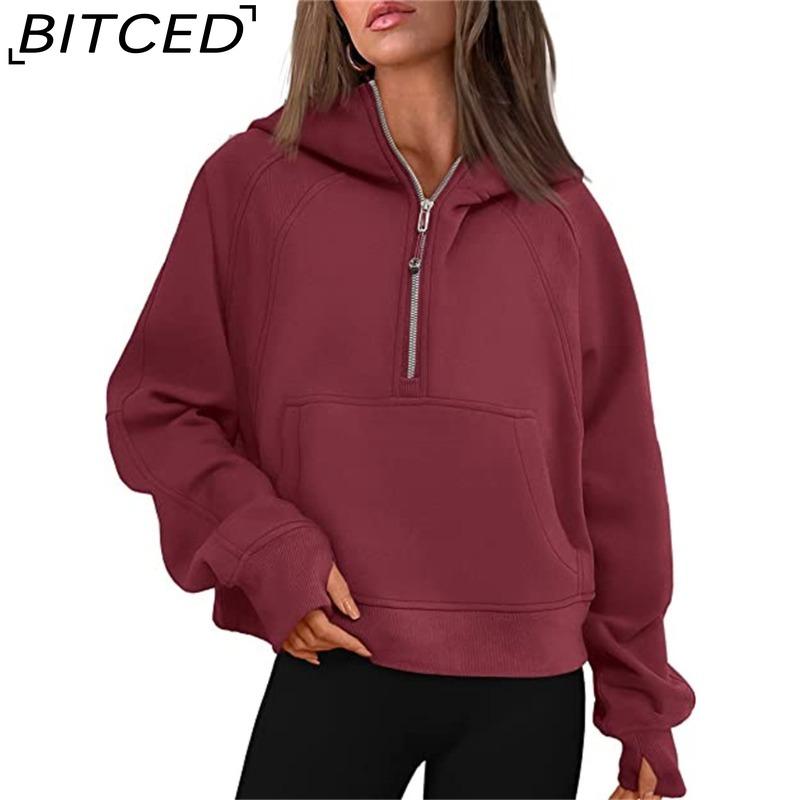 BITCED Autumn/Winter Yoga Wear Women's Sports Half-Zip Hooded Sweatshirt Loose-Fit Fleece-Lined Women's Casual Top