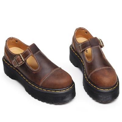 Thick-Soled T-Strip Mary Jane Women'S Shoes, Genuine Leather Low-Top Small Leather Shoes, First-Layer Crazy Horse Brown Student Muffin Bottom