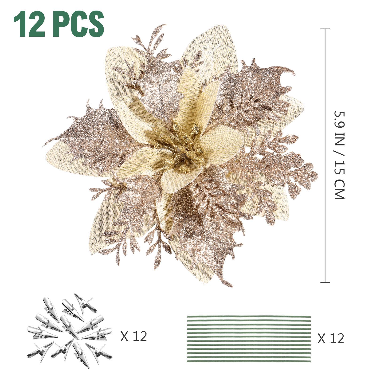 12 шт. Рождественские блестящие цветы пуансеттии Искусственные украшения для елки, гирлянды, вечеринки, дома, праздничной, свадебной декорации